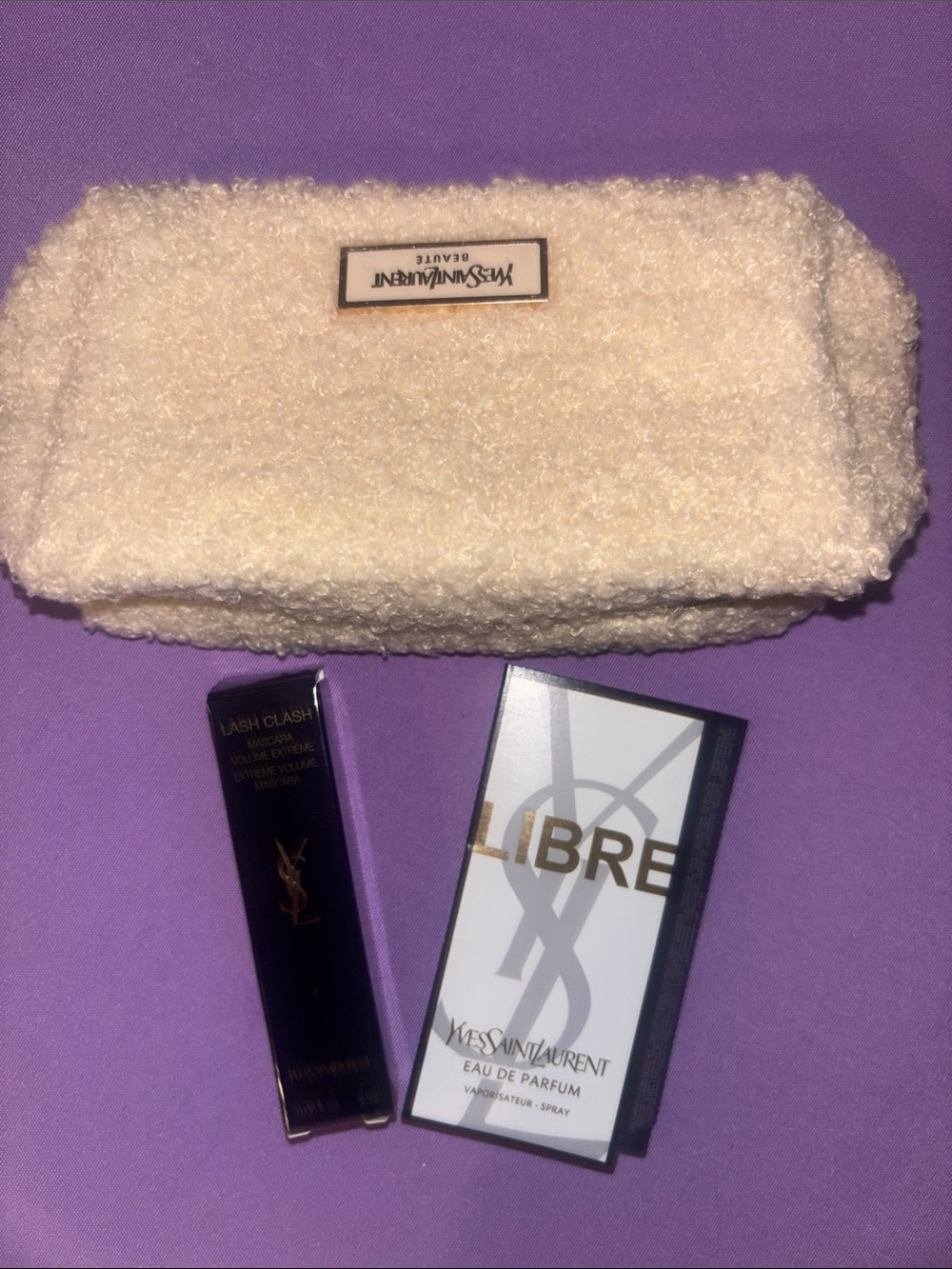 Yves Saint Laurent Cream Shearling Cosmetic Pouch, Mini mascara and Libre sample